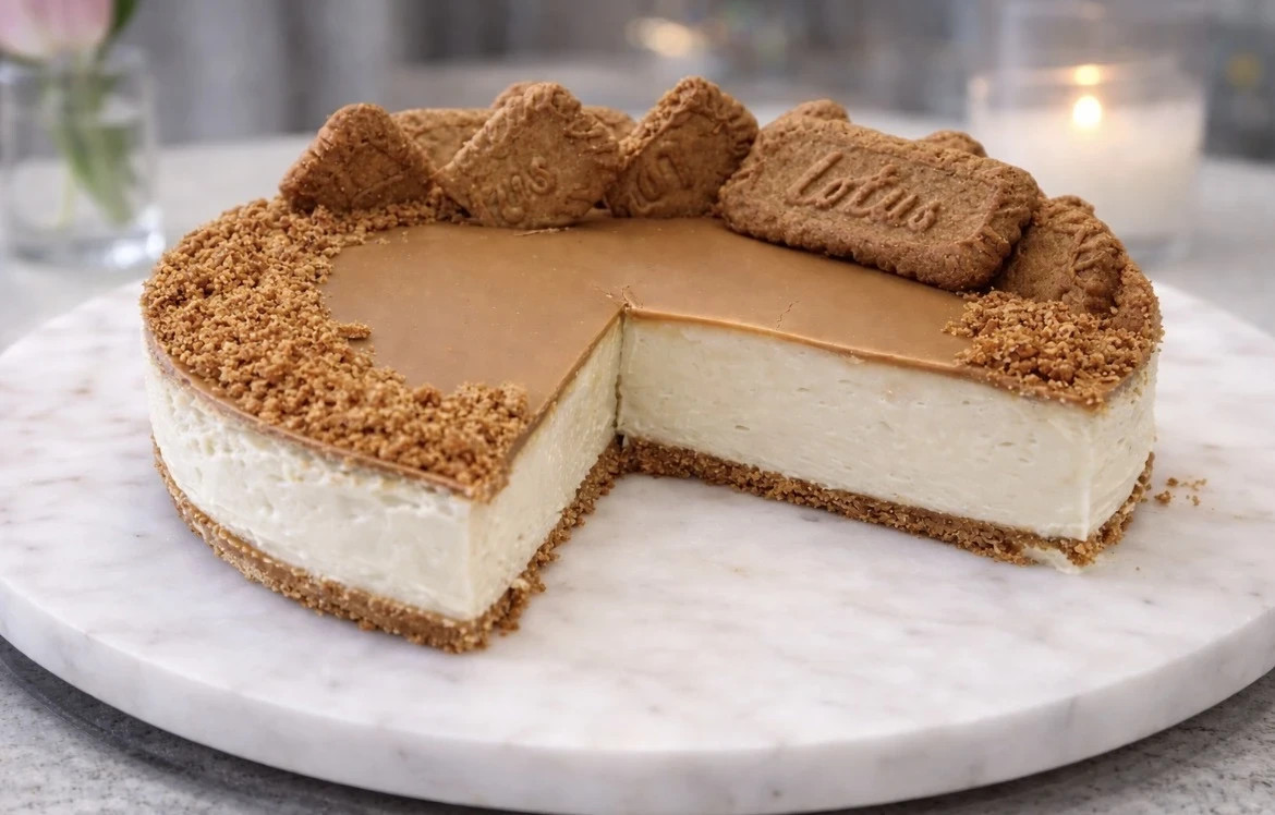 Ferdig no-bake Lotus-ostekake med kremet fyll, glatt Lotus-topping, kjeksbunn og Lotus-kjeks på toppen.