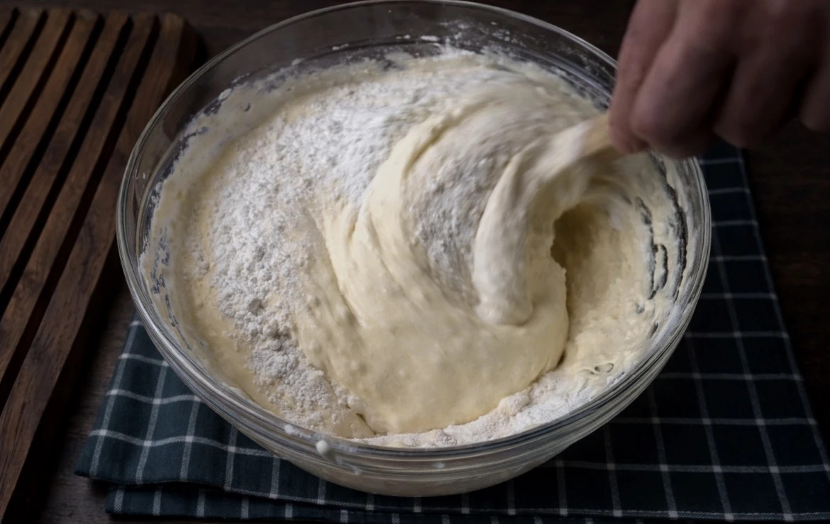 Hvetemel vendes forsiktig inn i eggedosisen til sukkerbrødet.