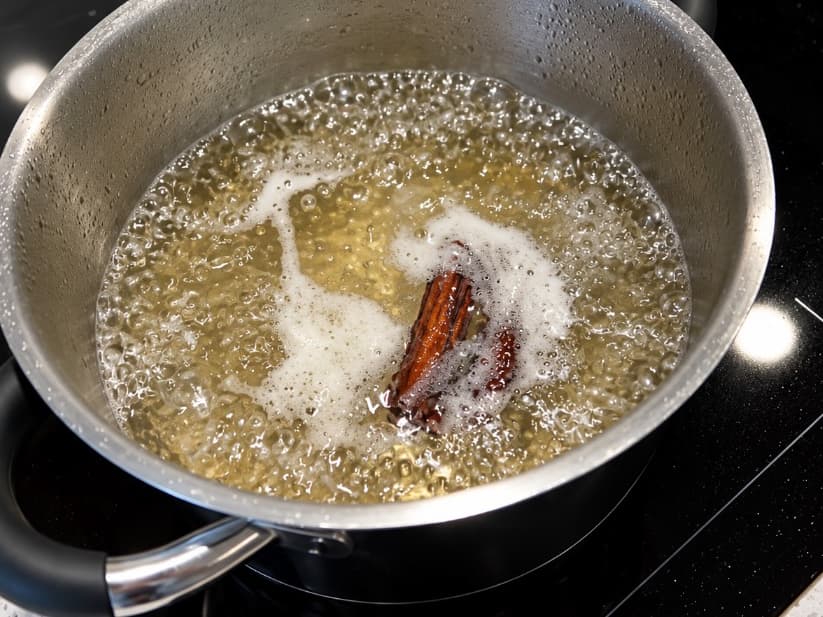 Sirup med sukker, vann og kanelstenger koker i en kjele.