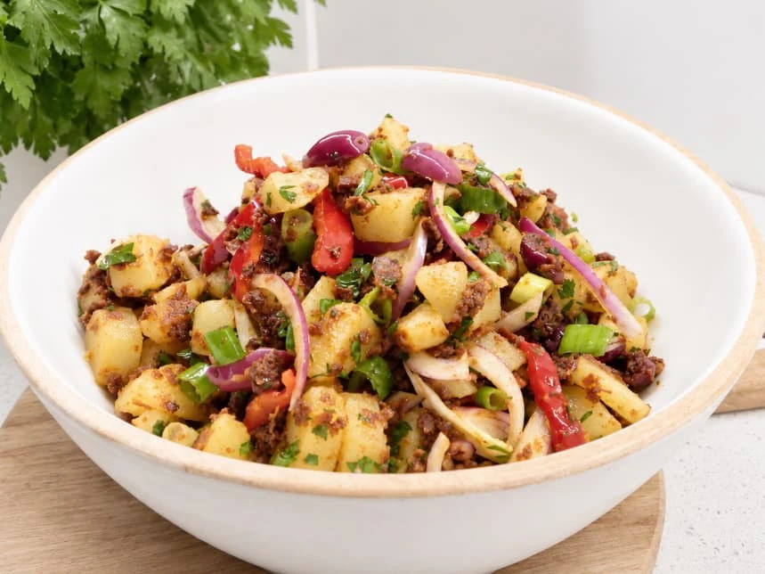 Middelhavsinspirert potetsalat med soltørkede tomater, paprika, rødløk, oliven og fersk persille.