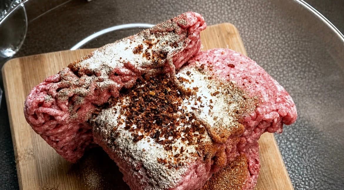 Rå kjøttdeig krydret med salt, pepper, paprikapulver og chili før blanding.
