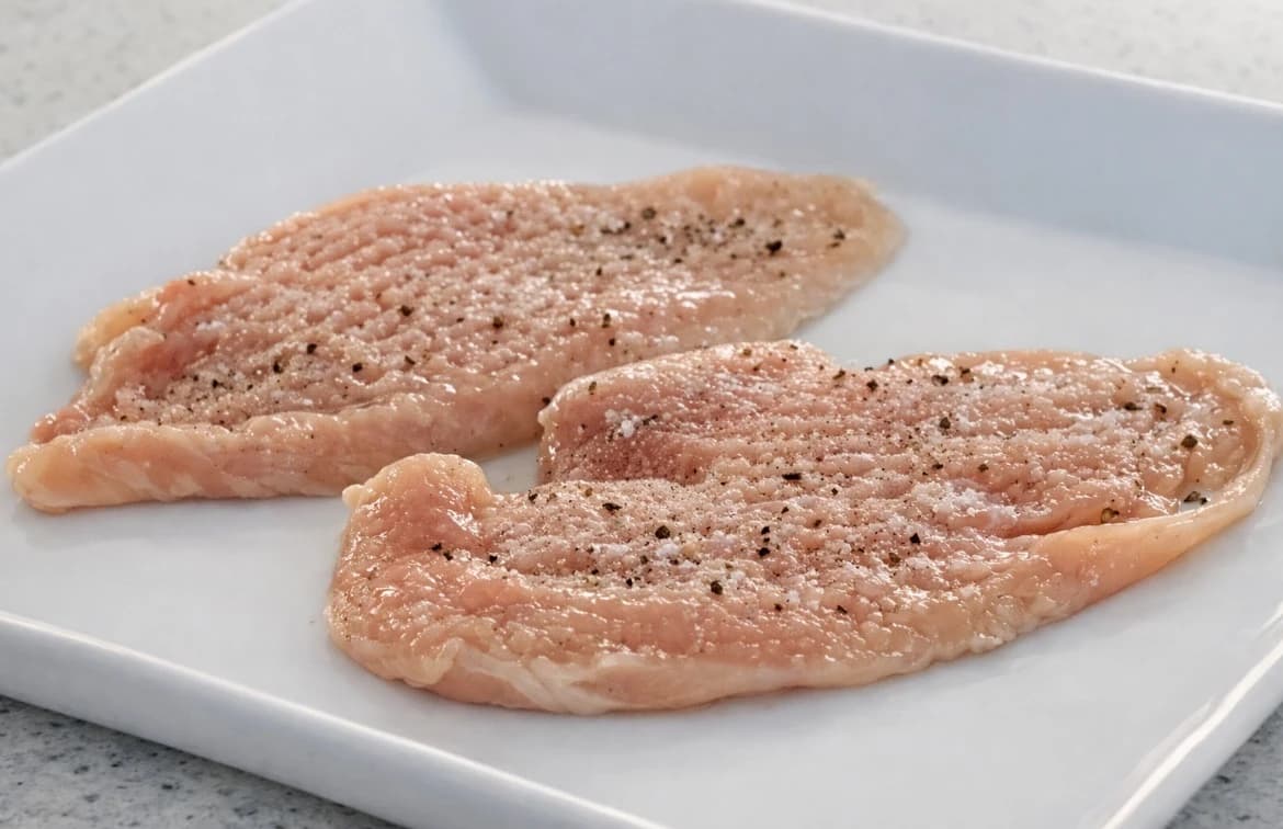 Kyllingfileter krydret med salt og svart pepper på begge sider før steking.