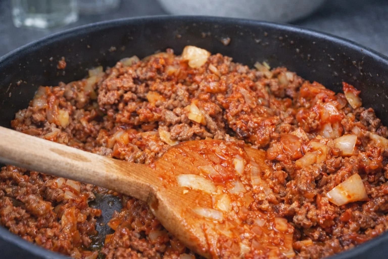 Bolognese-kjøttsaus med kjøttdeig, tomater og løk i en stekepanne.