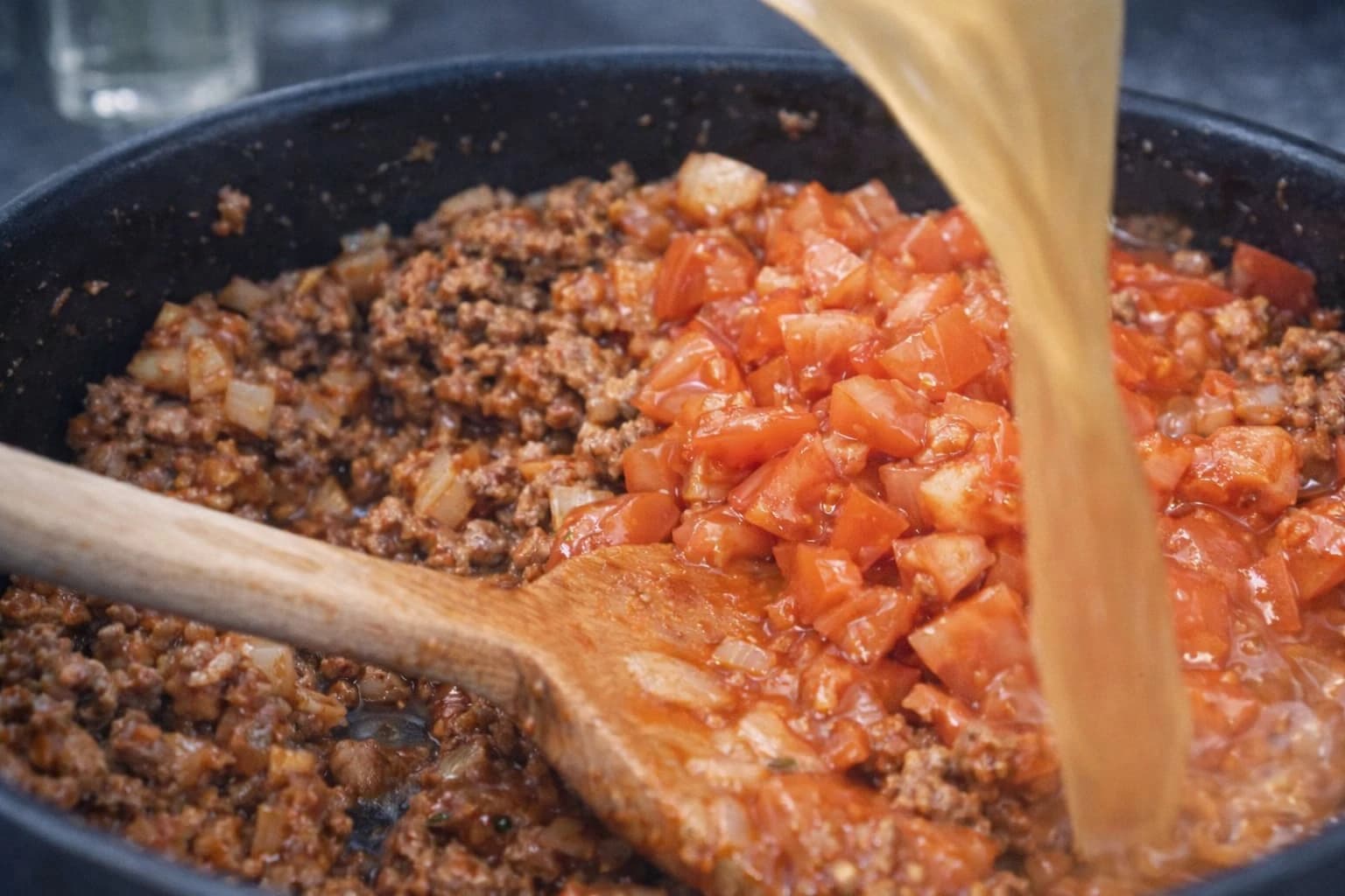 Kraft helles i en stekepanne med kjøttdeig, hakkede tomater og løk til bolognese-saus.