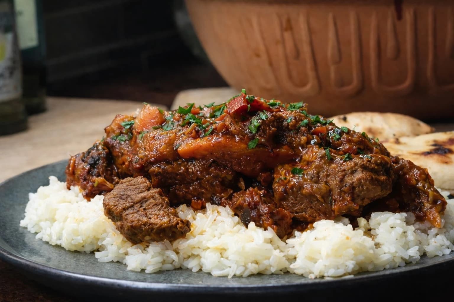 Slow cooked oksekjøttgryte med grønnsaker servert med ris.