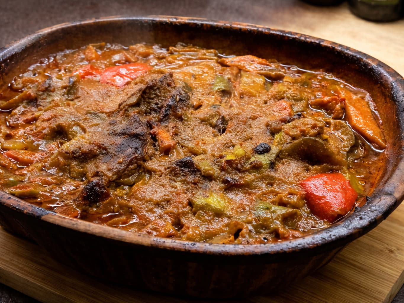 Ferdig slow cooked oksekjøttgryte med grønnsaker servert i en ildfast leirform.