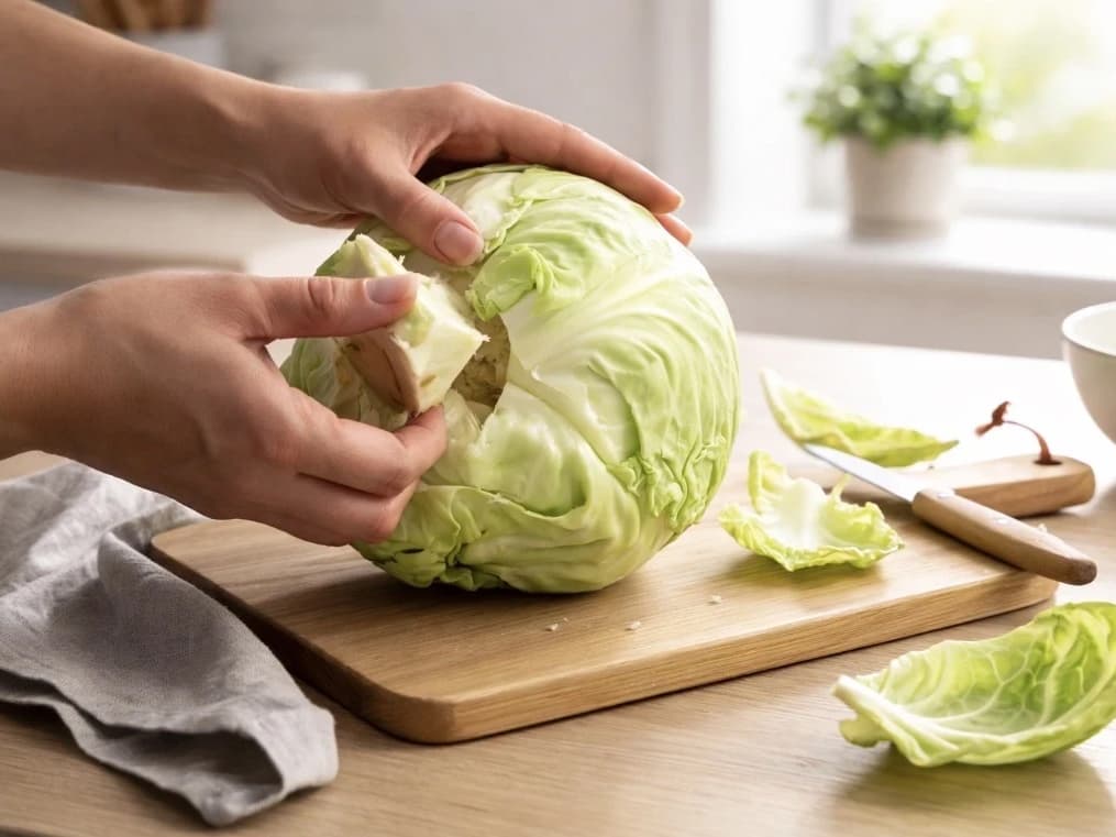 Fjerner den tykke stilken fra et kålhode før bladene løsnes til kålrulletter.