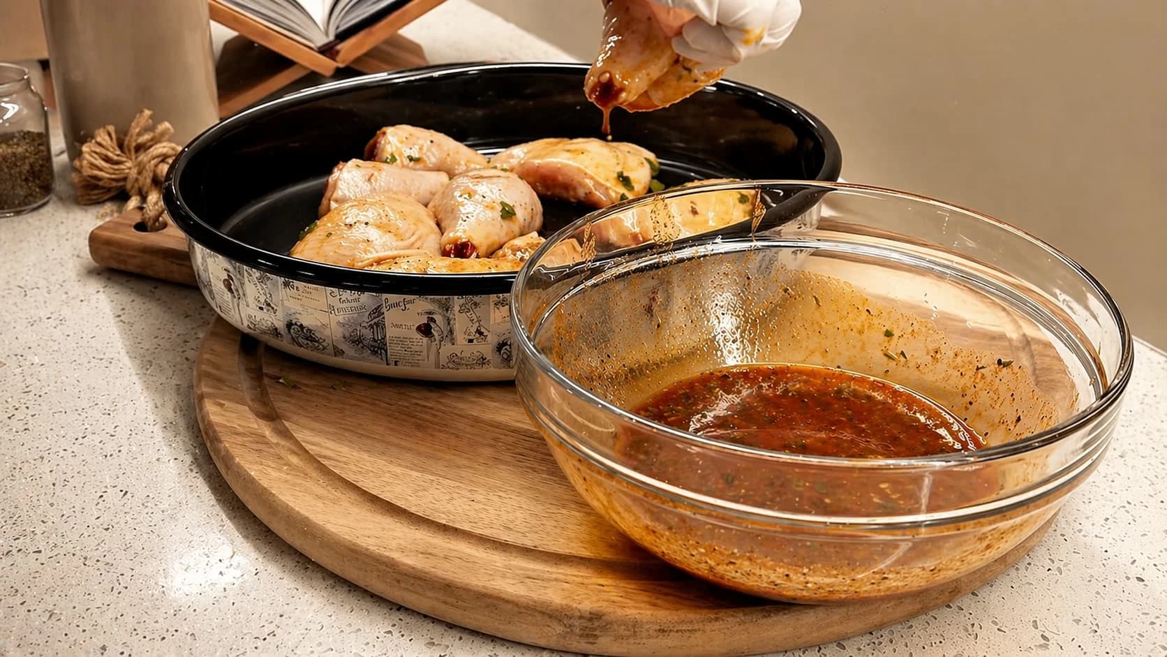 Kyllinglår vendes i marinade med olje, krydder og fersk persille