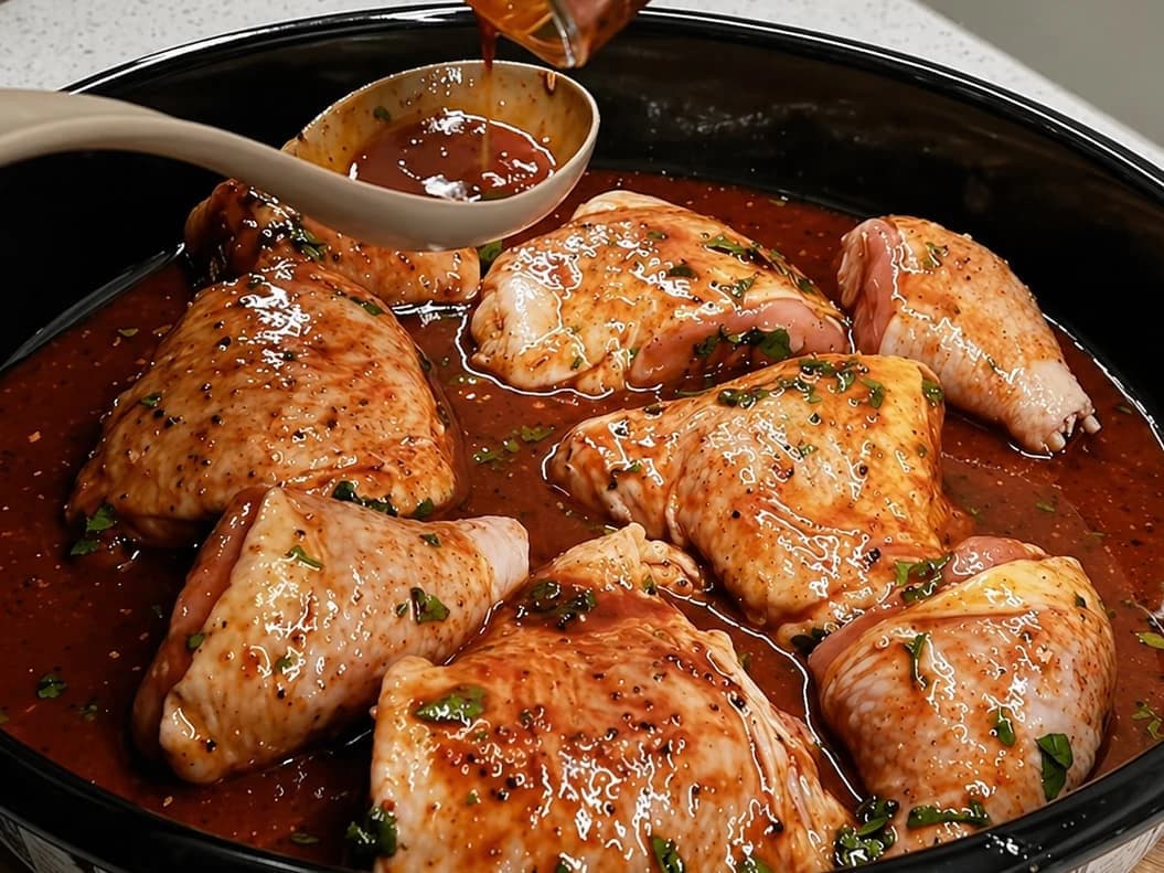 Kyllinglår i ildfast form dekket med krydret marinade og fersk persille