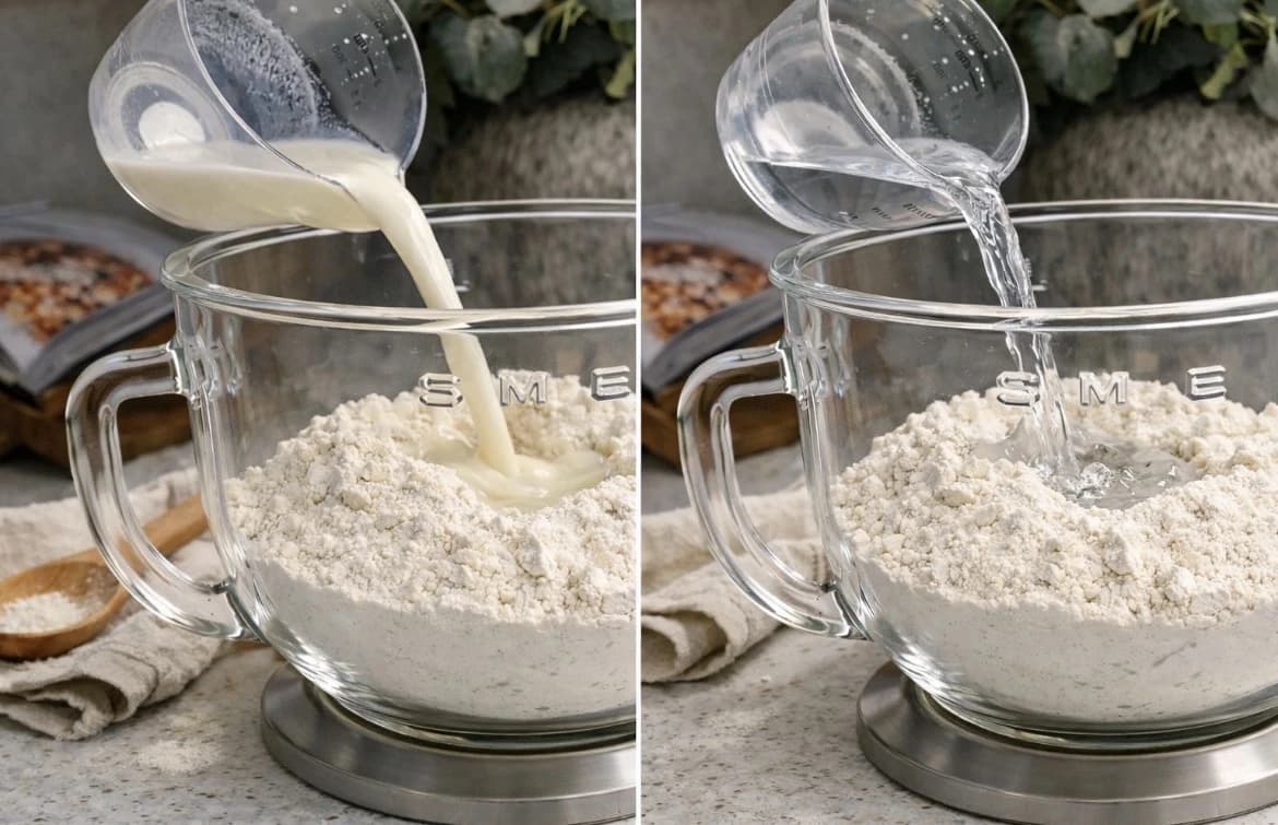 Melk og vann helles i hvetemelet i bakebollen for å lage ciabattadeig.