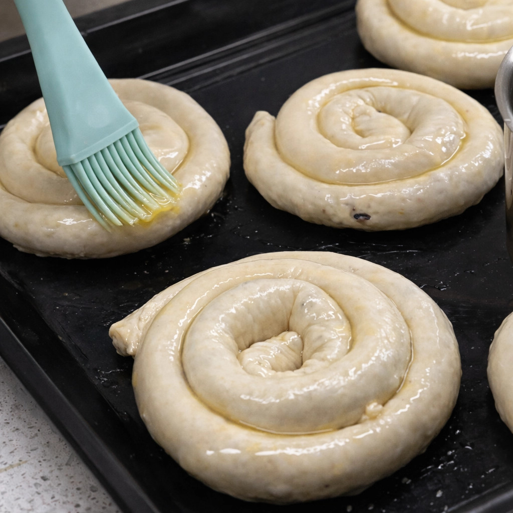 Uformet burek med kjøttdeig pensles med smørblanding før steking for å få en gyllen og sprø overflate.