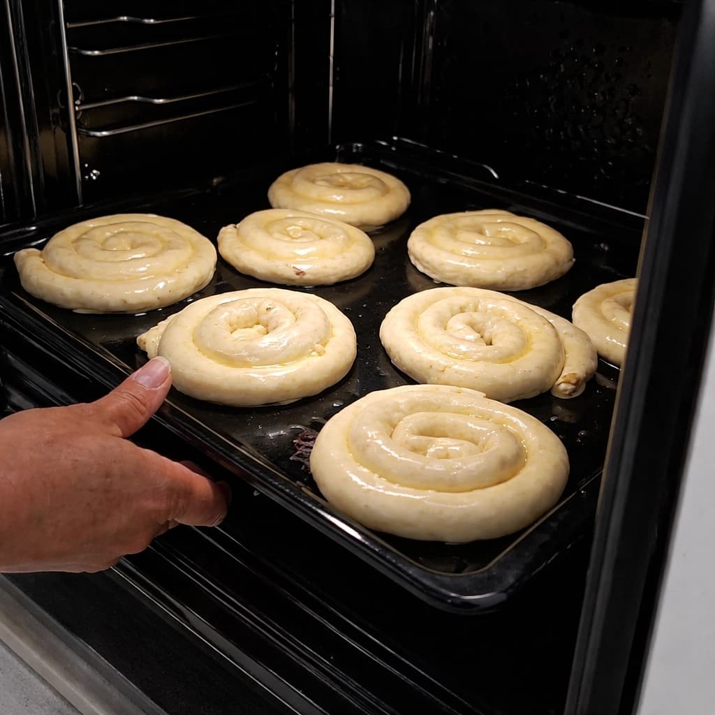 Brett med hjemmelaget burek formet som spiraler settes inn i ovnen for steking.