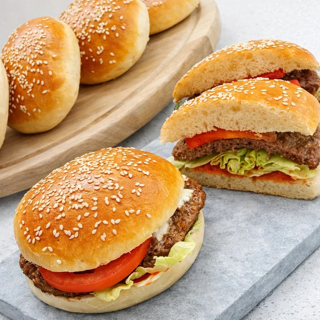 Hjemmelagde hamburgerbrød med sesamfrø, servert med saftige burgere, salat og tomat.