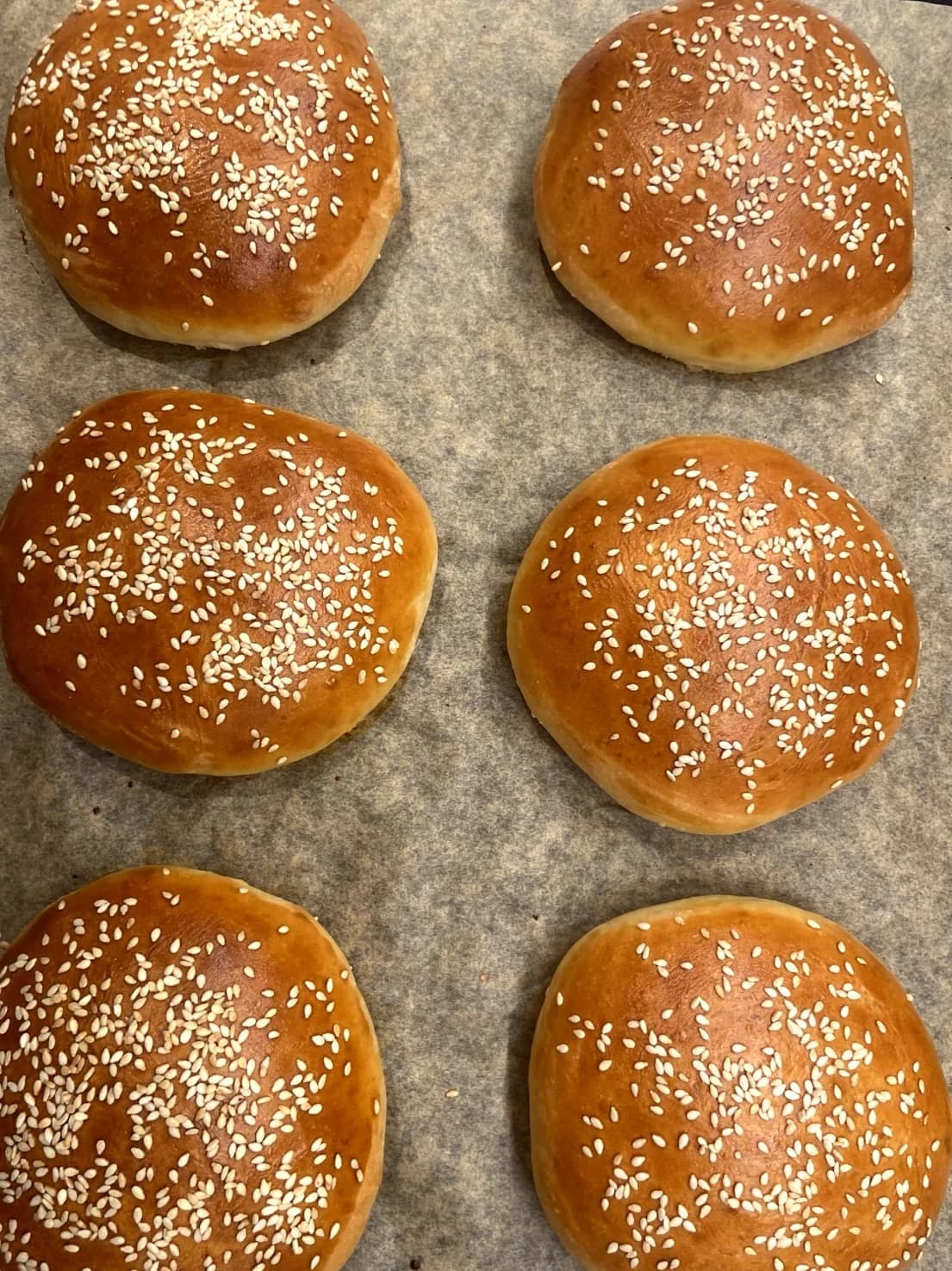Nystekte, gylne hamburgerbrød med sesamfrø på toppen.
